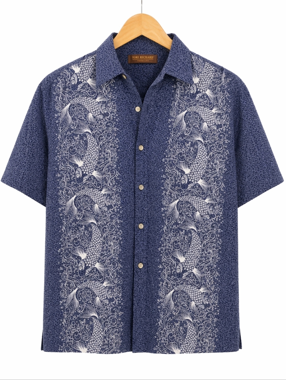 Tori Richard Honolulu Koi Fish Button-Up Shirt Blue Size M 100% Cotton Hawaiian